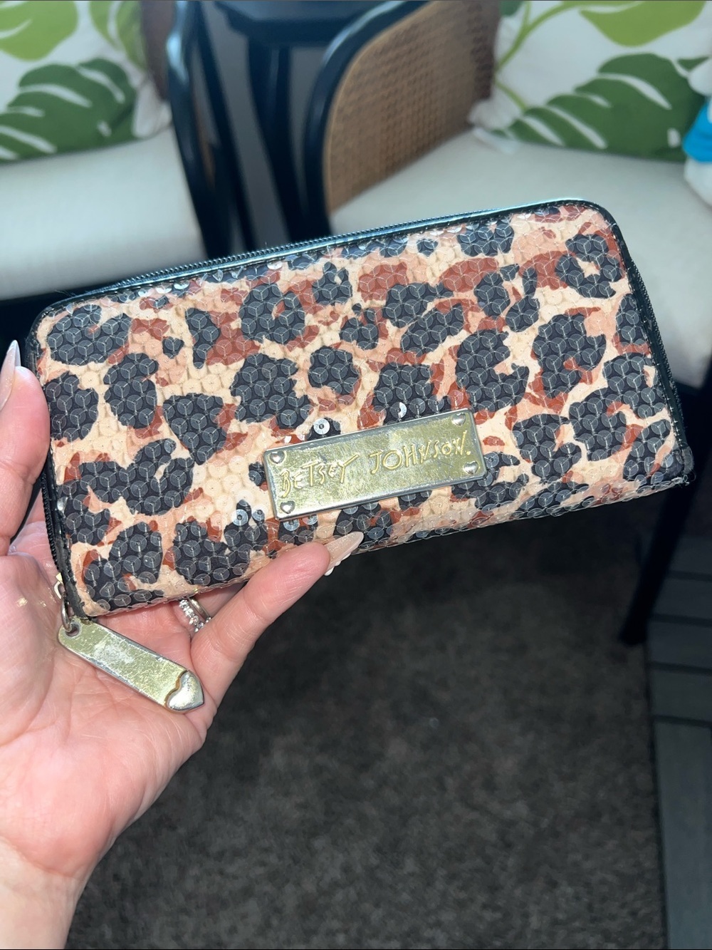 Betsey Johnson Leopard Zip-Around Wallet - Black/Tan/Pink